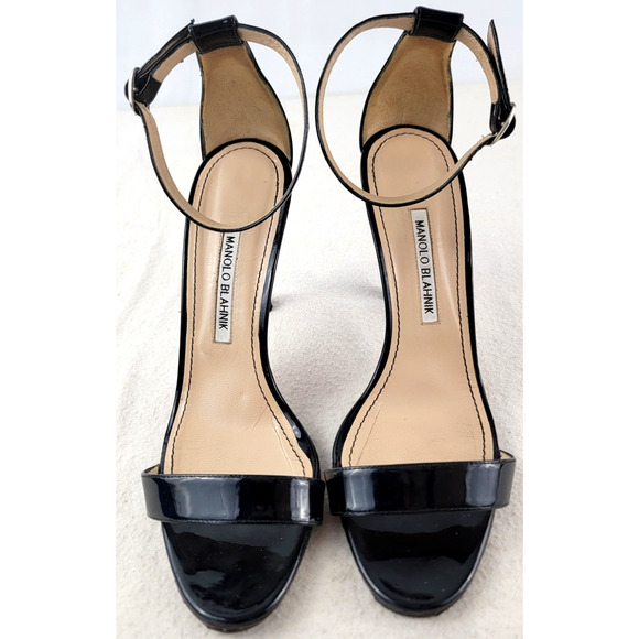 Manolo Blahnik Chaos Black Patent Leather Ankle Strap Heels Sandals 39.5 Italy - Picture 5 of 14